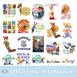 Puede incluir: Un paquete digital con gráficos temáticos de Zootopia. La colección incluye imágenes de personajes como Judy Hopps, Nick Wilde y Gazelle, junto con texto como "Zootopia", "Junior ZPD Officer" y "Keep it Sly."