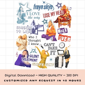 May include: A digital download design with illustrations and text. The design includes the name "freya skye" and song titles such as "Lose My Head" and "Can't Fake It." The design incorporates images of a singer, a clock, and a copier, all in a collage style.