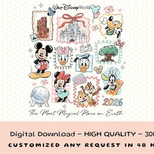 Może przedstawiać: Cyfrowe pobranie z różnymi postaciami i zabytkami Disneya, w tym Myszka Miki, Myszka Minnie i zamek Kopciuszka. Projekt zawiera tekst "Walt Disney World" i "The Most Magical Place on Earth."