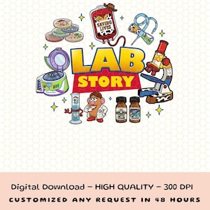 Può includere: Un'illustrazione colorata con il testo "LAB STORY" presenta attrezzature da laboratorio e personaggi dei cartoni animati. Include un microscopio, una centrifuga, piastre di Petri e una sacca di sangue con cappello da cowboy. Tema giocoso ed educativo.