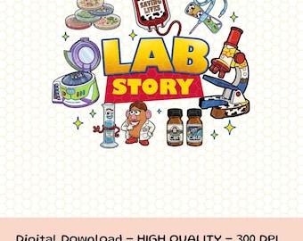 May include: A colorful illustration with the text "LAB STORY" features lab equipment and cartoon characters. Includes a microscope, centrifuge, petri dishes, and a blood bag with a cowboy hat. The image has a playful, educational theme.