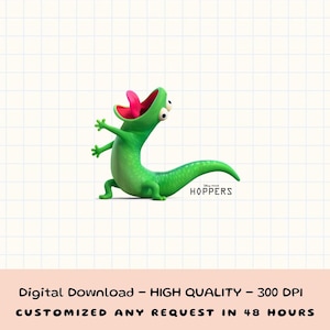 May include: A cartoon illustration of a green lizard with a pink tongue sticking out. The lizard is in a playful pose with its arms raised. The image includes the text "HOPPERS".