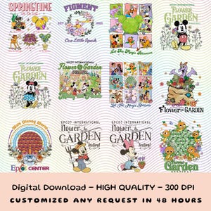 Op de afbeelding: Een digitale download met verschillende ontwerpen met Disney-personages en bloemelementen. De ontwerpen bevatten tekst zoals "Springtime", "Figment" en "Flower Garden Festival". De afbeelding bevat ook de tekst "Digital Download - High Quality - 300 DPI".
