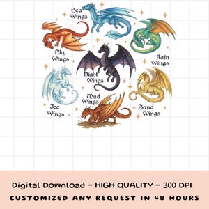 以下が含まれることがあります： 「Sea Wings」や「Night Wings」など、それぞれユニークな翼の色と名前を持つ8匹のドラゴンを描いたデジタルイラスト。 ドラゴンは星のアクセントが付いた円形パターンに配置されています。 画像には、デジタルダウンロードであることを示すテキストが含まれています。