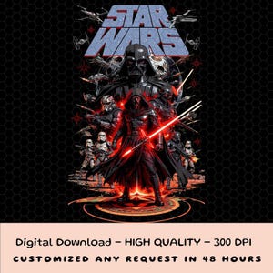 Może przedstawiać: Cyfrowe pobieranie z projektem Star Wars z Darthem Vaderem i innymi postaciami. Obraz ma czarne tło z sześciokątnym wzorem. Tekst "STAR WARS" znajduje się na górze. Obraz zawiera również tekst "Digital Download - HIGH QUALITY - 300 DPI CUSTOMIZED ANY REQUEST IN 48 HOURS."