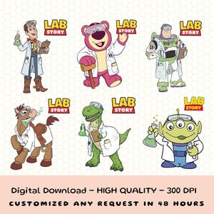 May include: A digital download featuring six cartoon characters from the Toy Story franchise, each depicted in a lab coat with the text "LAB STORY". The characters include Woody, Lotso, Buzz Lightyear, Bullseye, Rex, and an alien.