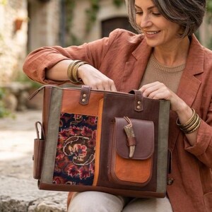 Leather Shoulder Bag with Handwoven Rug, One of a Kind Handmade Women’s Handbag, Vintage Leather Statement Bag