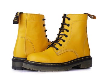 Yellow Combat Boots Women Chunky Lace Up Ankle Boots Handmade Durable Everyday Boots