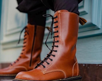 Handmade Leather Combat Boots for Women – Tall Lace Up Boots with Side Zipper, Genuine Leather Walking Boots