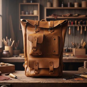 Leather Backpack Roll Top – Handmade Full Grain Cowhide Bag – Rustic Laptop Backpack – Brown Men’s Backpack for Work & Travel