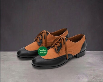 Handgemaakte tweekleurige Oxford-schoenen, vintage zadelschoenen, leren en canvas platte schoenen, veterschoenen (brogues), U-boot dekschoenen