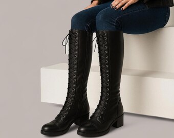 Botas altas de cuero negro con cordones y tacón, hechas a mano para mujer, estilo victoriano.