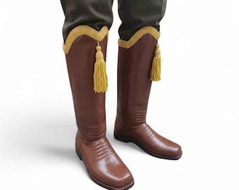 Botas de montar de arpillera marrón hechas a mano – Botas de cuero vintage con borla dorada, botas clásicas ecuestres hasta la rodilla