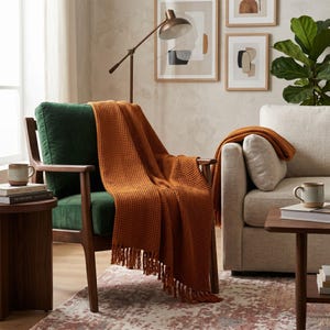Manta de algodón texturizada color naranja óxido, suave y transpirable con tejido de gofre, regalo de decoración bohemia para el hogar.