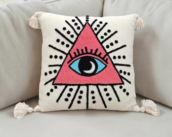 Protection Eye Multicolour Boho Throw Pillow Case Hand Embroidered Textured Cushion Cover