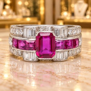Vintage Ruby Diamond Statement Ring, Emerald Cut Ruby Ring, Pink Ruby 14K Gold Ring, Art Deco Cocktail Ring, Luxury Vintage Style Jewelry