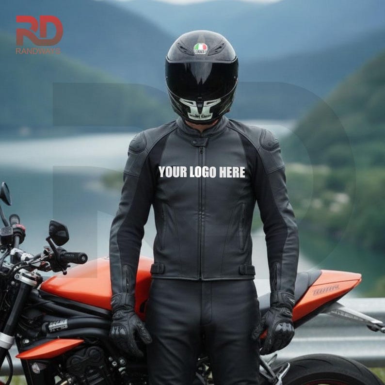 May include: Black leather motorcycle jacket and pants set with a matching helmet and gloves. The jacket has the text "YOUR LOGO HERE" across the chest. An orange motorcycle is parked nearby.