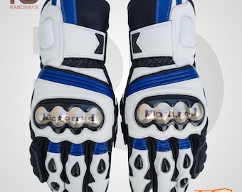 Guantes de carreras de moto de cuero personalizados blancos y azules / Guantes de moto blindados profesionales / Protección de motociclista con puños largos.