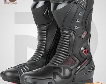 Botas de carreras de moto hechas a mano de cuero para montar en pista con protección para las espinillas.