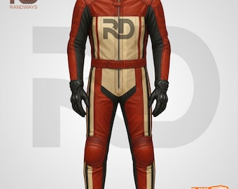Traje de carreras de cuero para motocicleta personalizado y hecho a mano: equipo de pista para motociclista vintage en rojo y crema.