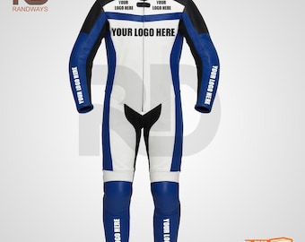 Traje de motociclista de cuero blanco y azul hecho a mano / Equipo de motociclista blindado