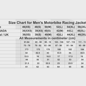 May include: Size chart for a motorbike racing jacket, featuring measurements in centimeters. Includes chest, waist, full length, back rise, shoulder, collar round, cuff round, and sleeve length measurements. Sizes range from 46(XS) to 60(4XI).