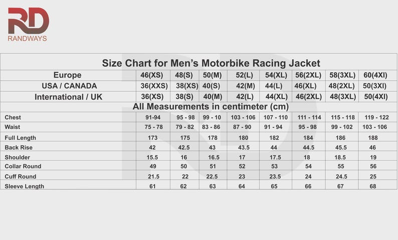 May include: Size chart for a motorbike racing jacket, featuring measurements in centimeters. Includes chest, waist, full length, back rise, shoulder, collar round, cuff round, and sleeve length measurements. Sizes range from 46(XS) to 60(4XI).