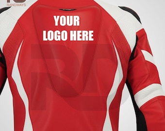 Traje de motociclista de cuero rojo y blanco personalizado, hecho a medida, para pista
