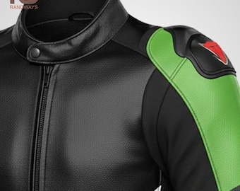 Chaqueta de carreras de moto de cuero personalizada en negro y verde / Chaqueta de montar de motociclista personalizada / Equipo de protección para moto.