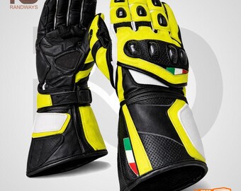 Guantes de carreras de motocicleta de alta visibilidad amarillos y negros / Guantes de motociclista de cuero blindado / Equipo de conducción para pista y calle.