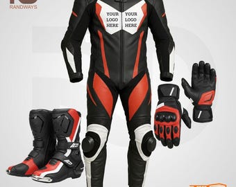 Leren motorpak kostuum | Trackensemble | Professionele set (handschoenen, laarzen inbegrepen) + bult.