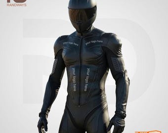 May include: Black motorcycle racing suit with a matching helmet and gloves. The suit has a streamlined design with reinforced padding on the shoulders and elbows. The text "your logo here" is printed on the chest and arms.