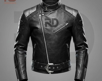 Chaqueta de cuero para motocicleta personalizada y hecha a mano: equipo clásico de motociclista negro.