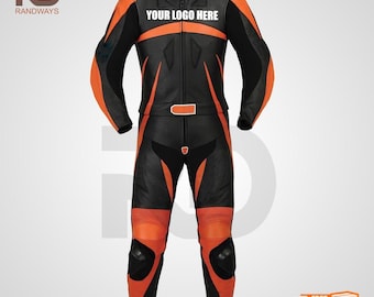 Traje de motociclista de cuero negro y naranja personalizado de una pieza, traje de motociclista blindado, equipo de pista.