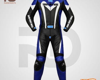 Traje de cuero Pro Racing personalizable, armadura de pista azul y negra