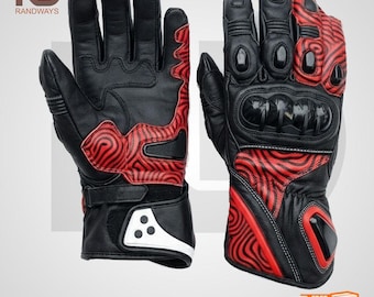 Guantes de cuero para carreras de motos, color negro y rojo / Guantes de motociclista protectores con protección en los nudillos / Equipo de conducción de moto.