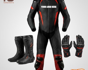 Conjunto de traje de carreras de cuero negro y rojo personalizado / botas y guantes.