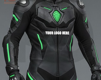 Traje de carreras de motocicleta personalizado hecho a mano: equipo de pista de cuero negro y verde neón.