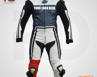 Mono de carreras de cuero de una pieza personalizado / Edición azul-blanca / Protección para pista y calle.