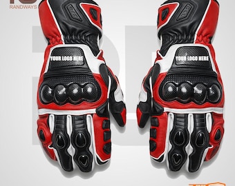 Guantes de motocicleta de carreras rojos y negros / Guantes de pista de cuero con puños largos y logotipo personalizado.