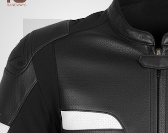 Chaqueta de carreras de motocicleta personalizada en blanco y negro / Chaqueta de motociclista de cuero / Equipo de protección para motocicleta.