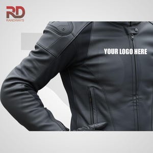May include: Black leather motorcycle jacket with a zipper closure and a small pocket. The jacket has reinforced shoulder padding and the text "YOUR LOGO HERE" is visible. The logo "RD RANDWAYS" is in the upper left corner.