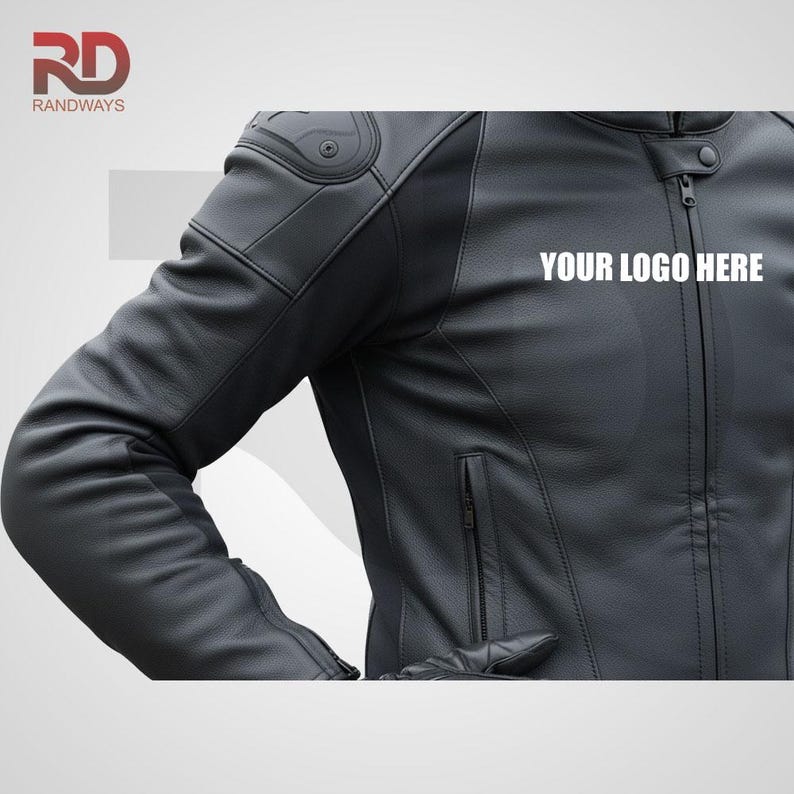 May include: Black leather motorcycle jacket with a zipper closure and a small pocket. The jacket has reinforced shoulder padding and the text "YOUR LOGO HERE" is visible. The logo "RD RANDWAYS" is in the upper left corner.