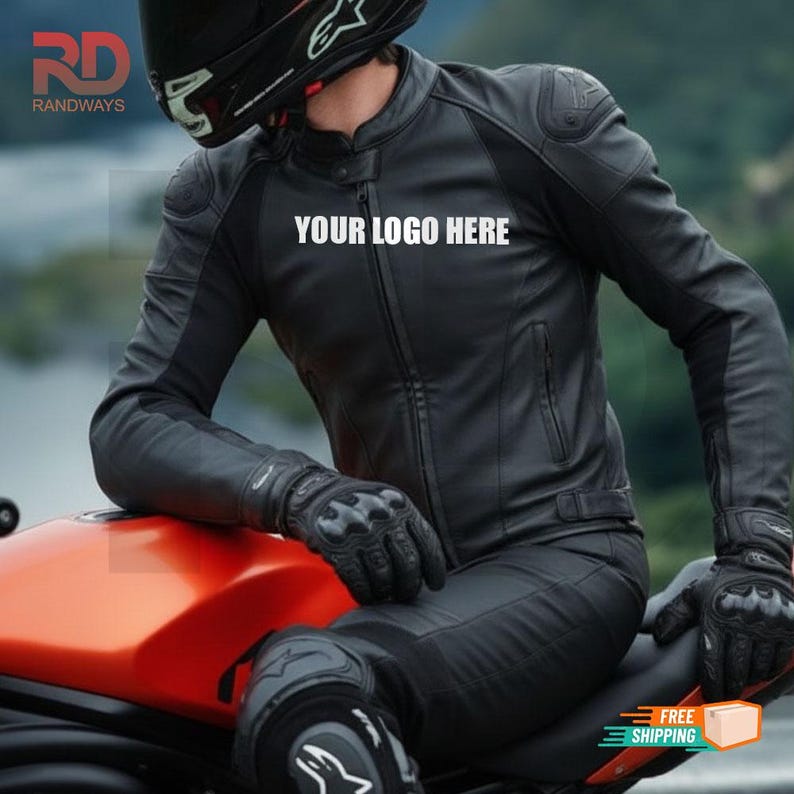 May include: Black leather motorcycle jacket and pants set. The jacket has shoulder padding and the text "YOUR LOGO HERE" across the chest. The rider is wearing a black helmet and gloves. The motorcycle is orange.