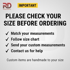 May include: White background with text: "PLEASE CHECK YOUR SIZE BEFORE ORDERING." Includes instructions to match measurements, follow size chart, send custom measurements, and contact for help. The text "IMPORTANT" is in a yellow box.
