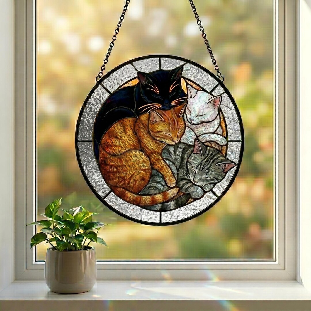 Cat Family Suncatcher, Sleeping Black Orange Tabby Cats Stained Glass ...