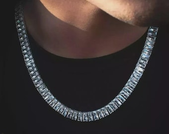 17CT Baguette Lab Created Diamond Men's Tennis Necklace 14K White Gold Plated 925 Silver