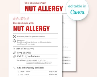 Nut Allergy Emergency Sheet Printable • Babysitter Info Template • Family Emergency Form • Kids Safety • Editable Canva PDF