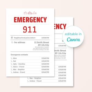 Könnte beinhalten: Notfall-Kontaktinformationsblatt mit der Nummer 911 in großen roten Buchstaben. Das Blatt enthält Platz für Adresse, Notfallkontakte und eine Notiz. Die Worte "editable in Canva" stehen in einem Kreis.
