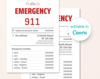 Emergency Contact Sheet Printable • Babysitter Info Template • Family Emergency Form • Kids Safety Sheet • Editable Canva PDF